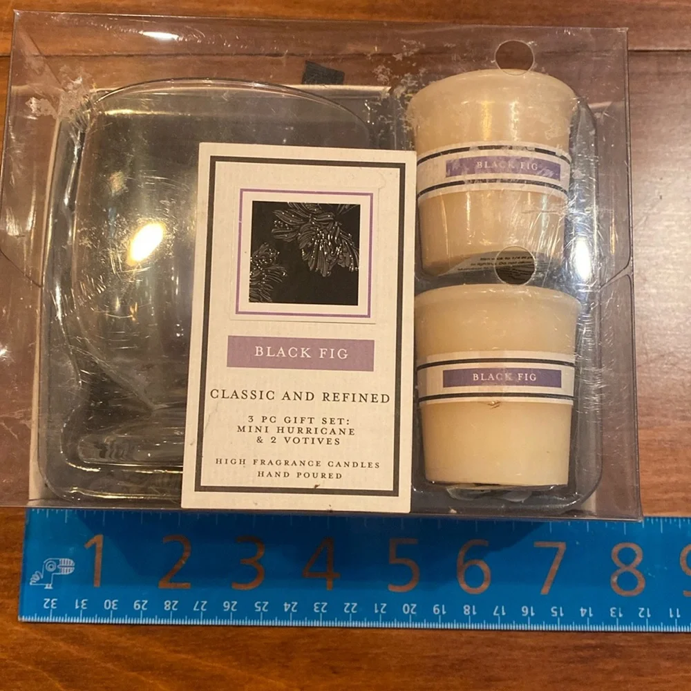 NIP Chesapeake Bay Candle 3x4” Clear Glass Holder + 2 Votives 2” Black Fig NEW